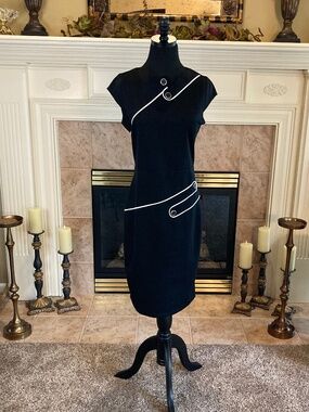 NWT HOMEYEE Dress Cap Sleeves Black White Trim Size 8